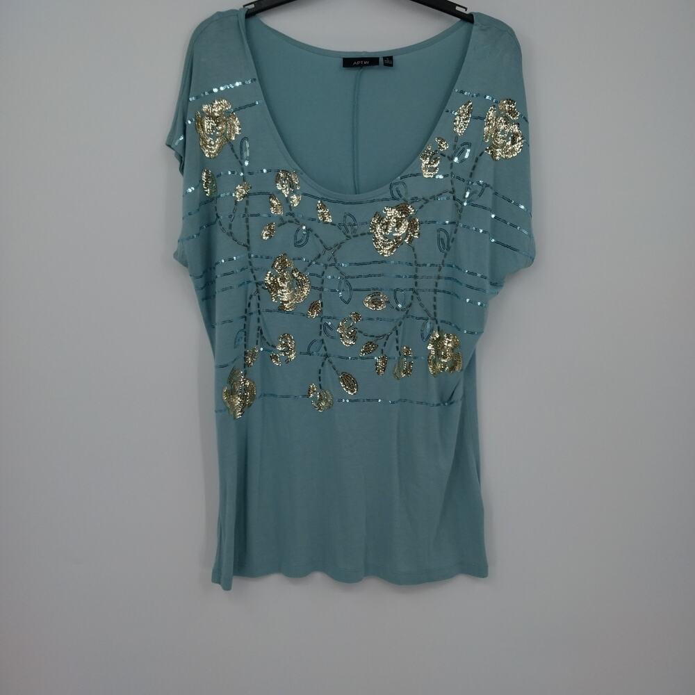 Apt. 9 Teal Gold Sequin Floral Embellished Top Women's Large Short Sleeve Blouse